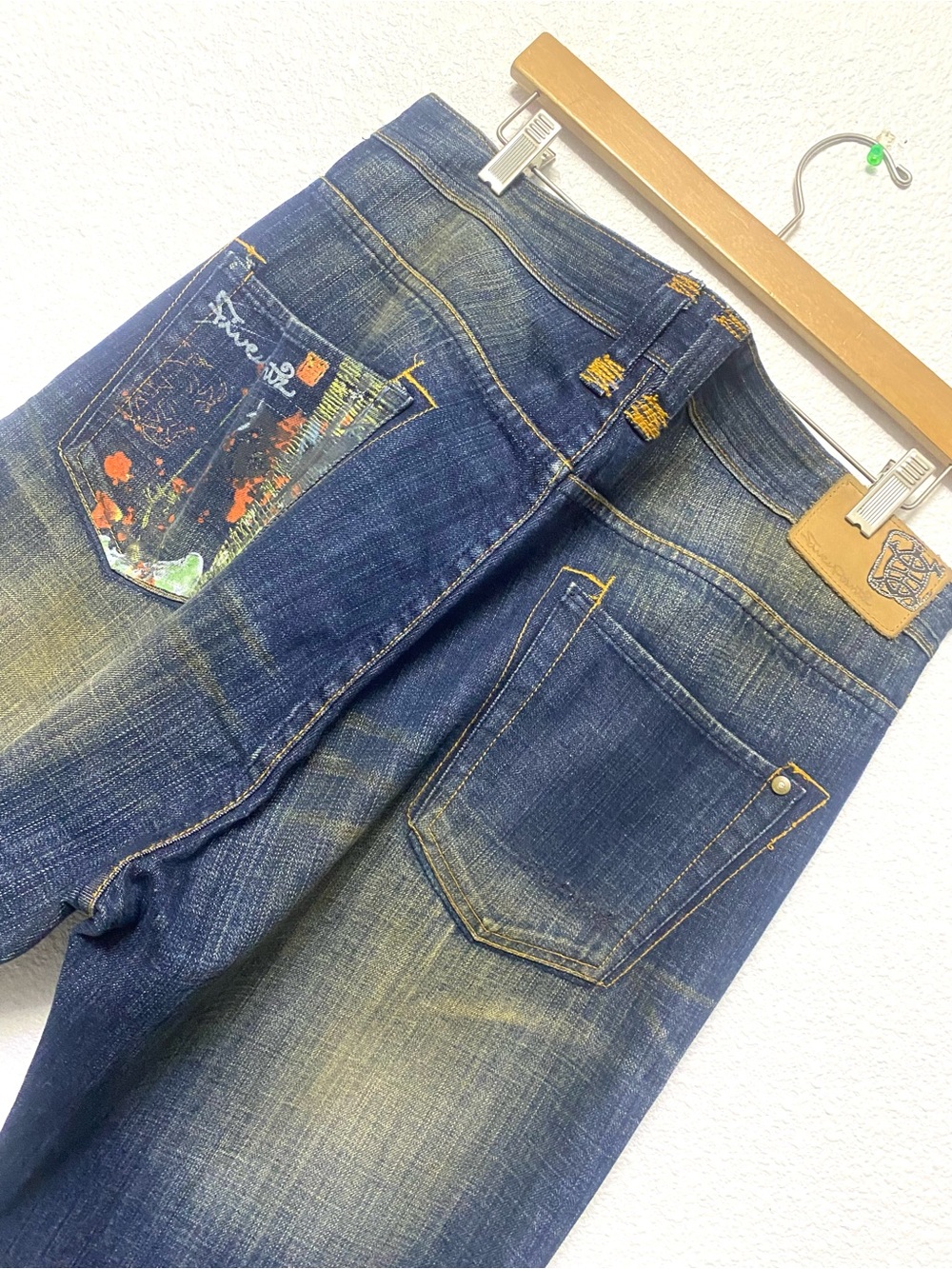 Five Pointz Men's Dark Blue Distressed Jeans with Painted Back Pocket